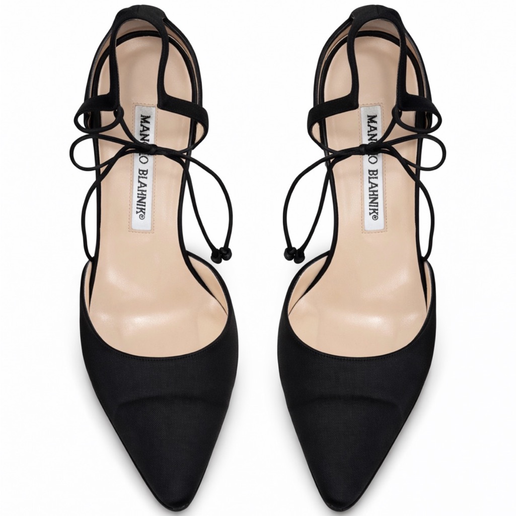 Manolo Blahnik Zaman 70 Black Lace-Up Ankle Tie Pumps 39.5 Dust Bag